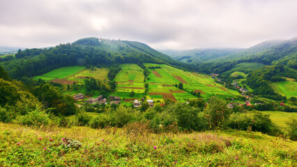 Naklejka premium mountainous countryside landscape in autumn. grassy meadow on a hill. village in the distant valley. rural scenery. rainy weather with cloudy sky. carpathian suburb of ukraine