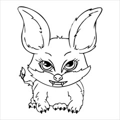 Cute monster, flying fly, little vampire, scary, halloween animal, holiday monster. Flying with fangs and wings, fictional animal. Graphic drawing, isolated single element.