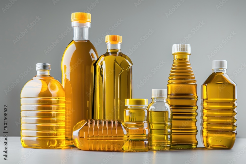 Poster Collection of empty oil bottles arranged neatly on a flat surface