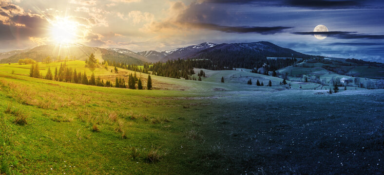 composite image of countryside landscape at day and night time change concept. Idyllic view of pretty farmland. rolling hills. Rural scenery in mountains. spring equinox or summer solstice