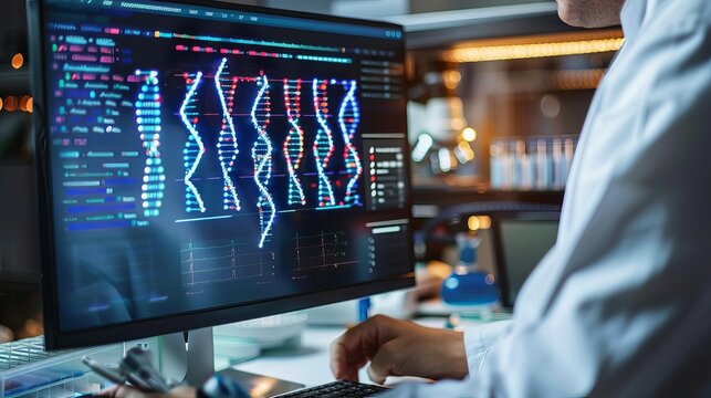 Scientist Analyzing DNA Data on Advanced Biotechnology Software After Breakthrough Chemical Experiment in Medical Laboratory