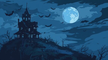 Haunted House on a Hill with a Full Moon and Bats