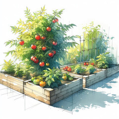 City Gardening: Watercolor Sketch of Tomato Plants in an Urban Setting