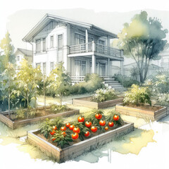 Harvest Time: Watercolor Illustration of Tomato Plants in an Eco-Friendly Garden