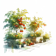 Nature's Bounty: Watercolor Illustration of an Organic Tomato Garden