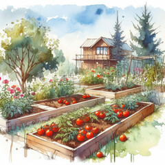 Tomatoes Galore: Watercolor Sketch of an Eco-Friendly Urban Garden
