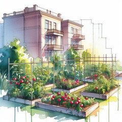Architectural Sketch in Watercolor: Tomato Plant Rows in a Lush Garden