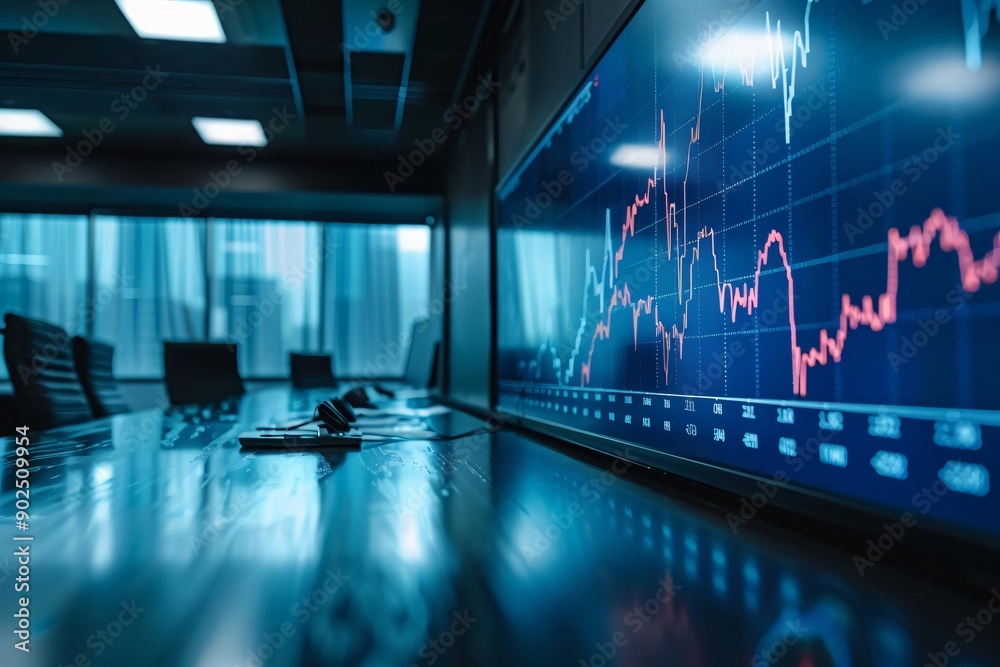 Poster dynamic stock market visualization in a modern office environment, featuring colorful graphs and dat