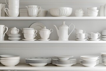 Dishware set in white shelving unit, tableware shelf, kitchen interior, clean white mugs, plates, glass tableware