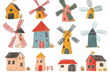 Windmill mill icon, rural countryside mill symbol, wind mill building emblem on white background