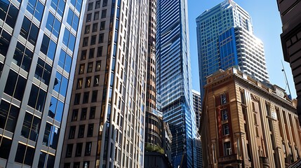 Fototapeta premium Skyscrapers in a downtown area. The buildings are tall and modern, with glass and steel facades. The sun is shining brightly, and the sky is blue.