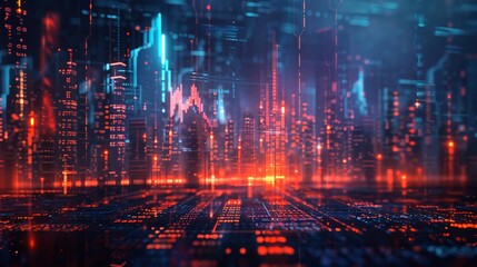 Obraz premium Futuristic digital cityscape with glowing lights and intricate designs, perfect for technology and sci-fi themes.