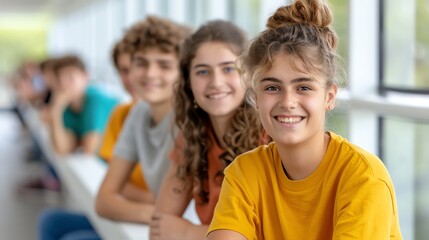 Group of cheerful teenagers in casual attire smiling while sitting together by a window, showcasing friendship and youth.