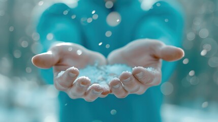A close-up of hands filled with snow, capturing the magic of winter and the beauty of nature in a serene forest setting.