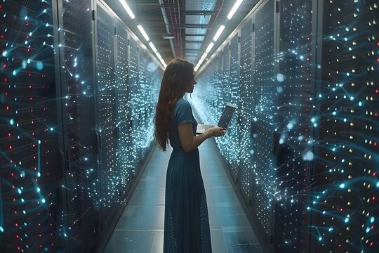 Data Center Innovation: Woman Analyzing Servers with Technological Holograms for IT Infrastructure Management