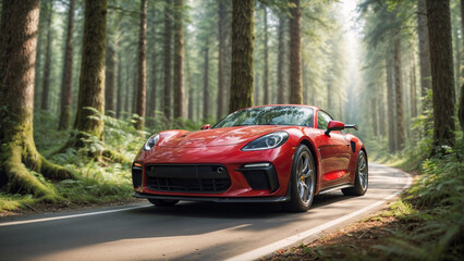 Red sports car driving through picturesque forest