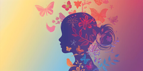 Silhouette of a Girl with Colorful Floral and Butterfly Elements in a Dreamy Atmosphere