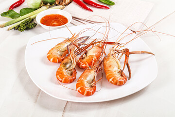 Boiled tiger prawn with sauce