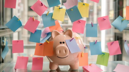 Pink piggy bank surrounded by floating colorful sticky notes, symbolizing financial planning, reminders, and organization.