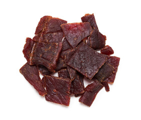 top view flat lay pile of beef jerky isolated on white background