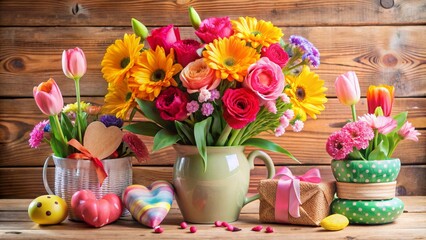Obraz premium A Springtime Bouquet with a Gift in a Green Vase, Wooden Background, Colorful Flowers, Heart Decorations, Rustic Charm , spring flowers, floral arrangement