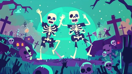Two Skeletons Dancing in a Graveyard Under a Full Moon