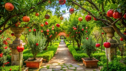 Obraz premium A Walk Through the Pomegranate Garden - Stone Pathway, Lush Greenery, Hanging Fruit, Landscape Photography, garden, pomegranate, path