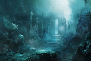 Ancient ruins of a forgotten underwater city bathed in an ethereal glow