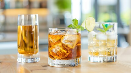 A refreshing display of three stylish cocktails with ice, perfect for a summer gathering or a casual night out.