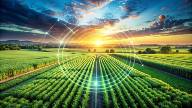 Aerial View of a Green Field with a Futuristic Digital Overlay at Sunset, agriculture , technology , smart farming , future farming