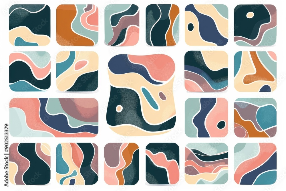 Poster Set of 9 square abstract shapes with different textures and patterns