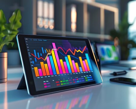 A modern office desk with a digital tablet displaying a multi-year financial growth chart with colorful bars and trend lines, isolated on a clean background.