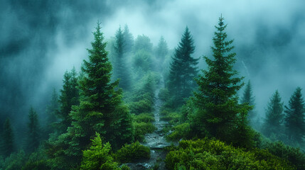 Fototapeta premium A forest with a path through it and a few trees. The sky is cloudy and the trees are green