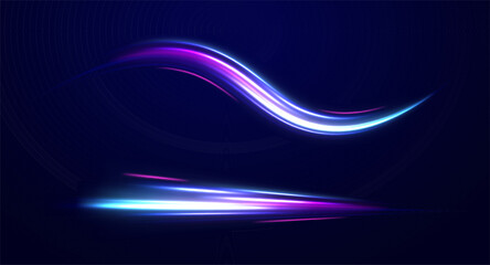 Neon glowing lines, spiral effect, fast car speed. Speed light streaks vector background with blurred fast moving light effect, blue purple colors on black.