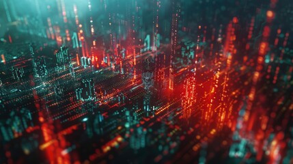 Obraz premium Abstract digital landscape featuring vibrant lights and intricate patterns, ideal for technology or futuristic themes.