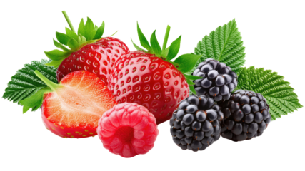 A vibrant collection of fresh berries including strawberries, raspberries, and blackberries with green leaves.