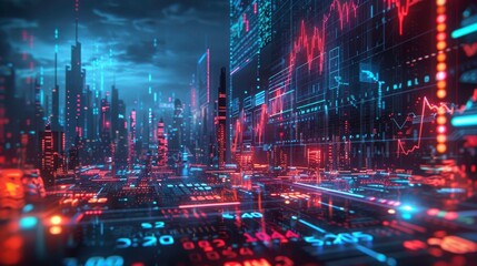 Futuristic cityscape with glowing data visuals, illustrating technology, finance, and digital innovation in a vibrant urban environment.