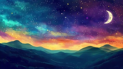 Naklejka premium Digital painting depicting a serene night sky with a crescent moon and countless stars above a mountain range. The vibrant colors and starry sky create a magical and dreamlike atmosphere.