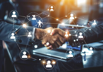 Global business collaboration through handshakes and technology innovations in modern corporate environments