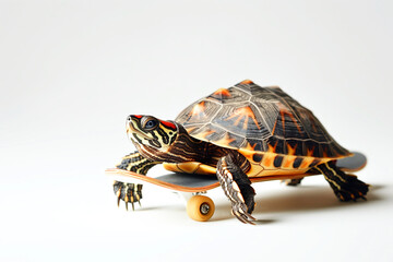 Turtle on a skateboard on a white background, the concept of acceleration of technological progresss, copyspace
