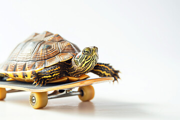 Turtle on a skateboard on a white background, the concept of acceleration of technological progresss, copyspace
