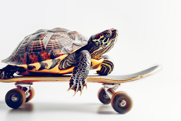 Turtle on a skateboard on a white background, the concept of acceleration of technological progresss