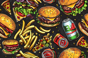 Seamless colorful pattern with fast food