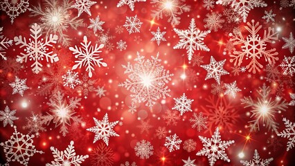 Vibrant red festive background adorned with delicate white snowflakes gently falling from above, creating a magical winter wonderland atmosphere perfect for holiday celebrations.