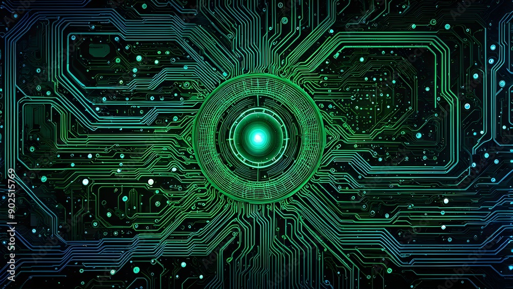 Fototapete a green computer screen with a glowing light in the center