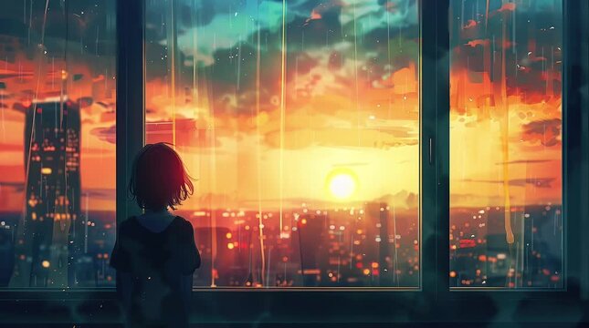 Anime girl standing by a window, gazing at the sunset over a cityscape, creating a serene and reflective atmosphere.
  Seamless looping 4k time-lapse virtual video animation Generated AI