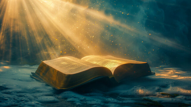 Open bible receiving light from heaven with dramatic sky background