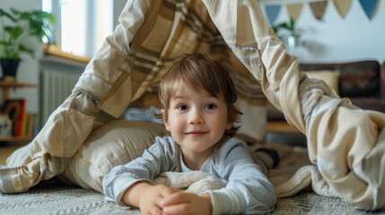 Fototapeta premium Happy child playing inside a blanket fort at home