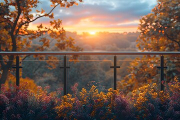 Idyllic Autumn Sunset Overlooking Tranquil Forest from a Scenic Balcony Garden