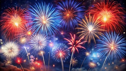Fototapeta premium Vibrant red, white, and blue fireworks explode in the night sky, creating a stunning patriotic background perfect for July 4th or Memorial Day celebrations.